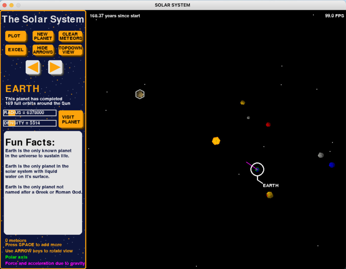 The user interface showing the positions of the planets after 168 simulated years.